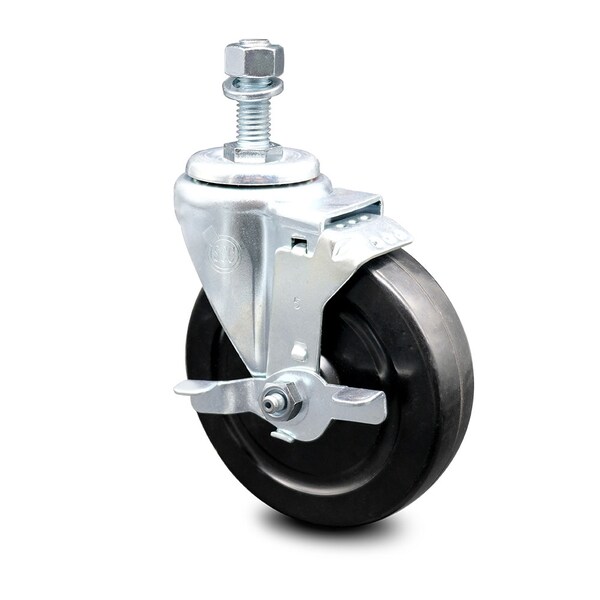 5 Inch Hard Rubber Wheel Swivel 1/2 Inch Threaded Stem Caster with Brake SCC
